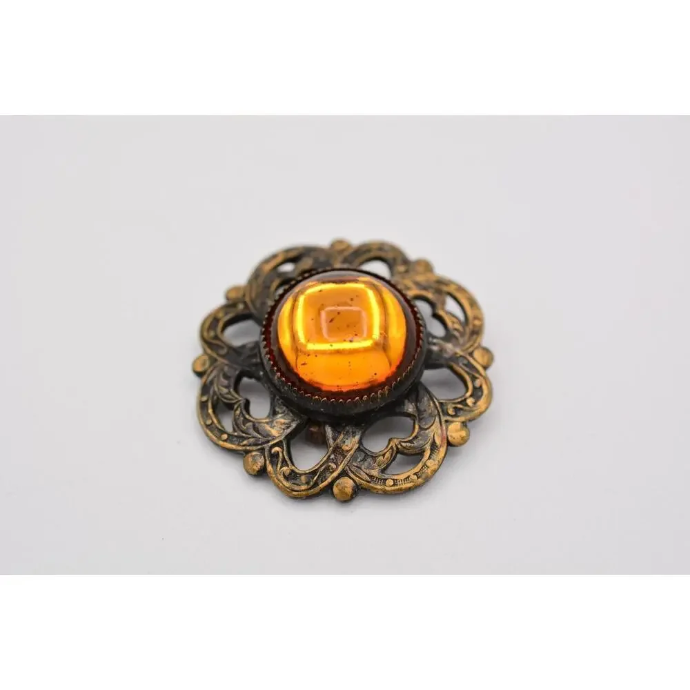 Vintage Cabochon Clip Earrings Round Orange Jelly Antiqued Brass Tone 80s BinAT
